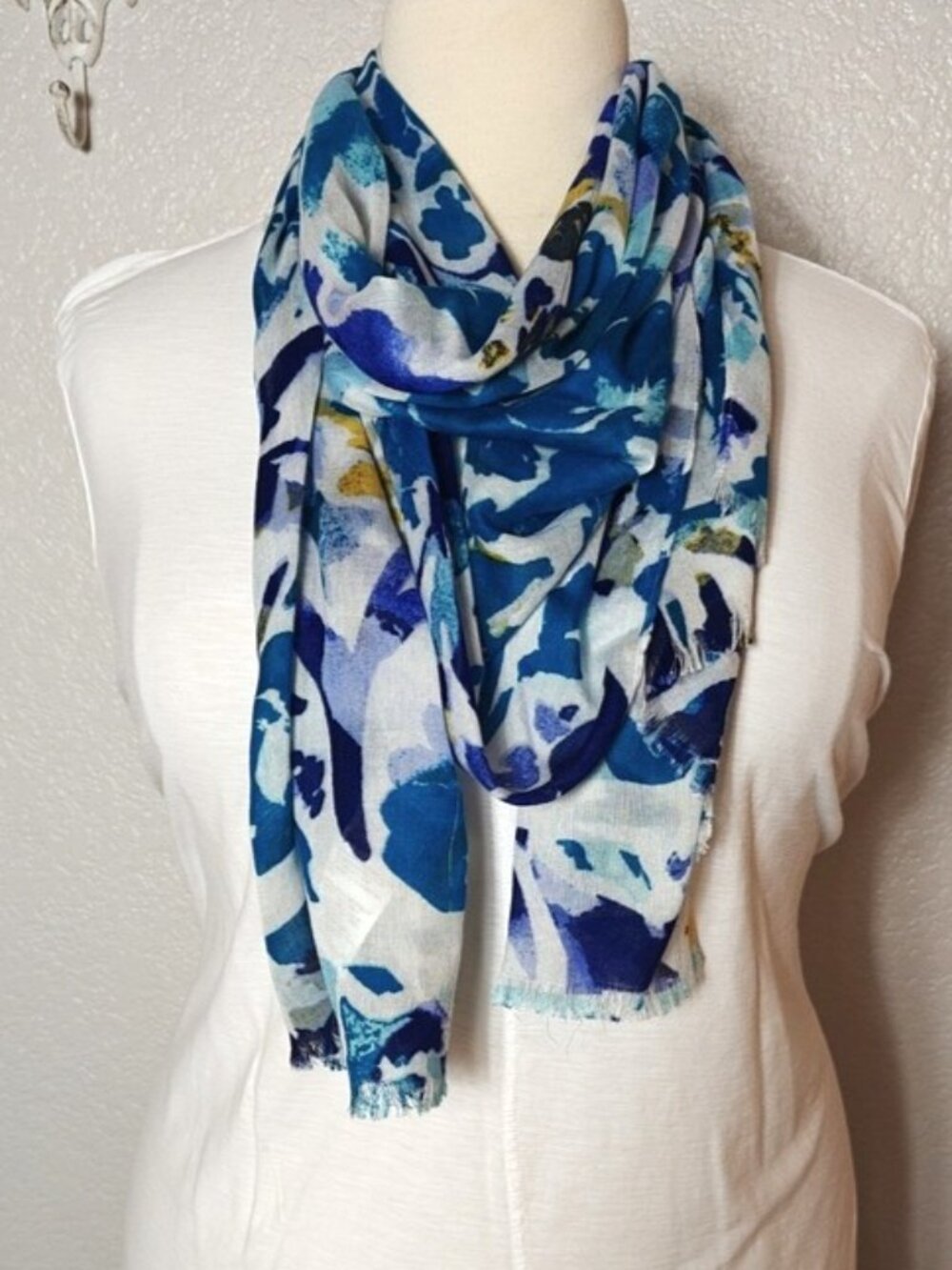 Chico's Scarf Tropical Teal Floral Modal Silk Fringe